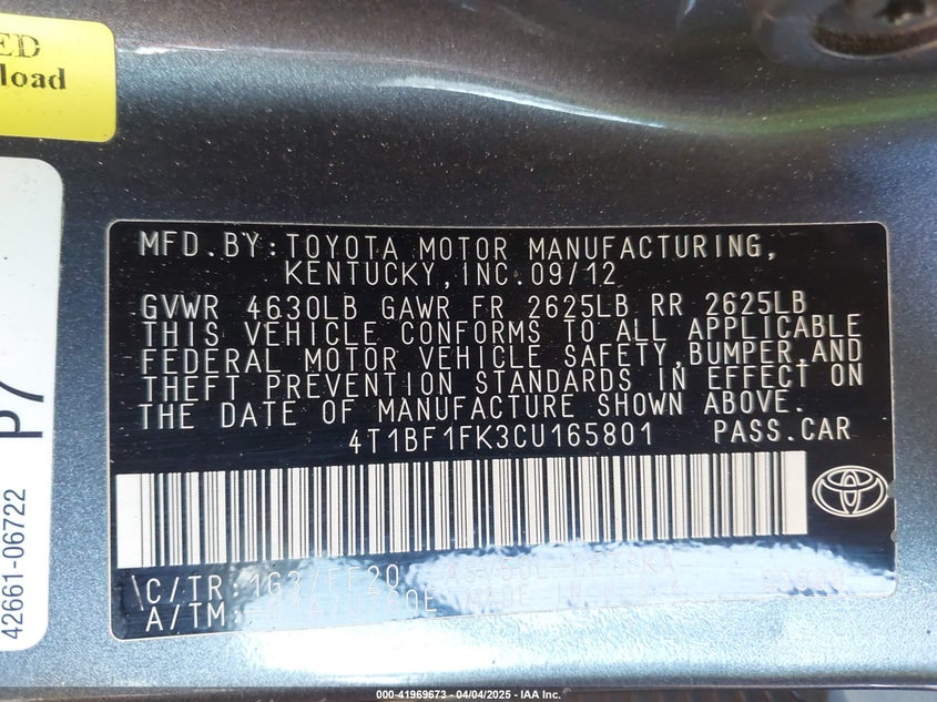 2012 TOYOTA CAMRY VIN: 4T1BF1FK3CU165801
