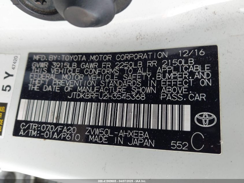 2017 Toyota Prius Two VIN: JTDKBRFU2H3545368 Lot: 41969685