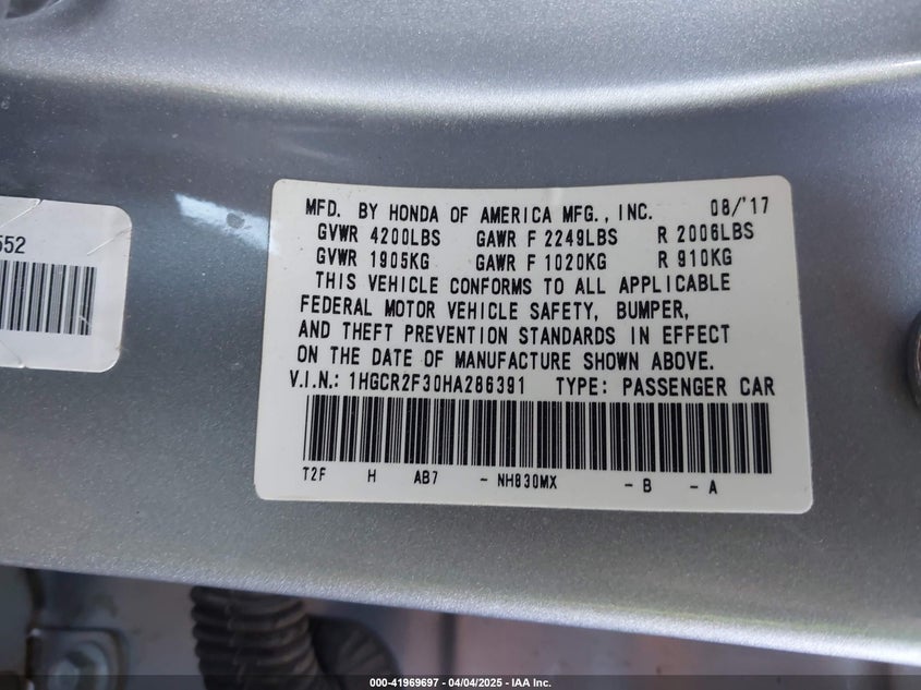 2017 HONDA ACCORD VIN: 1HGCR2F30HA286391