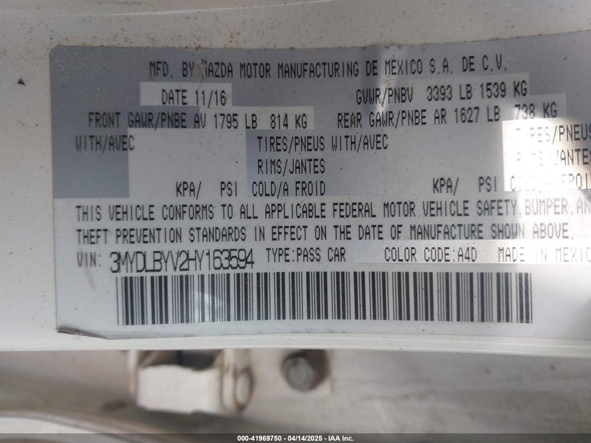 2017 TOYOTA YARIS IA VIN: 3MYDLBYV2HY163594