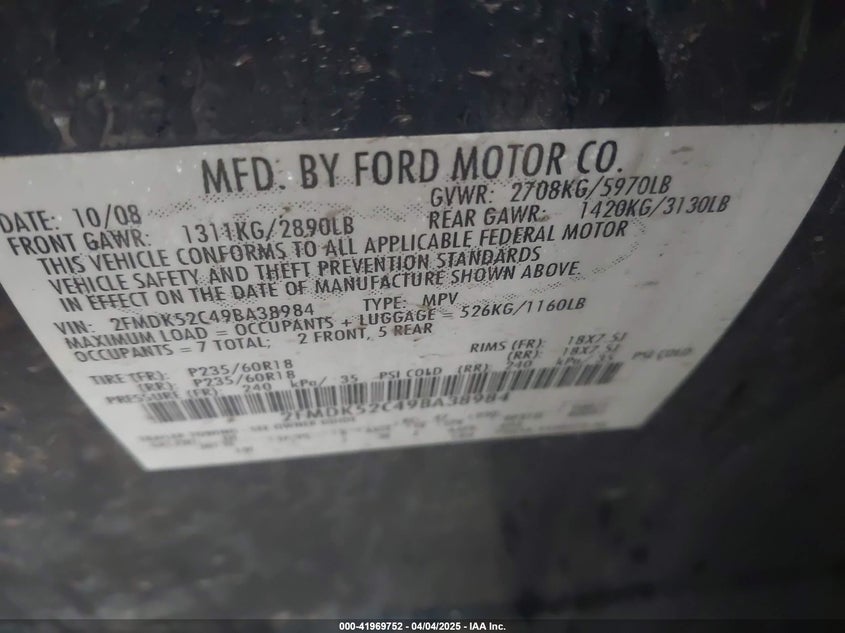 2009 FORD FLEX VIN: 2FMDK52C49BA38984