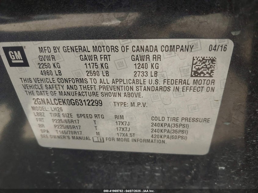 2016 CHEVROLET EQUINOX VIN: 2GNALCEK0G6312299