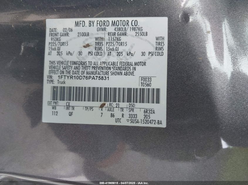 2006 Ford Ranger Xl/Xlt VIN: 1FTYR10D76PA75831 Lot: 41969815