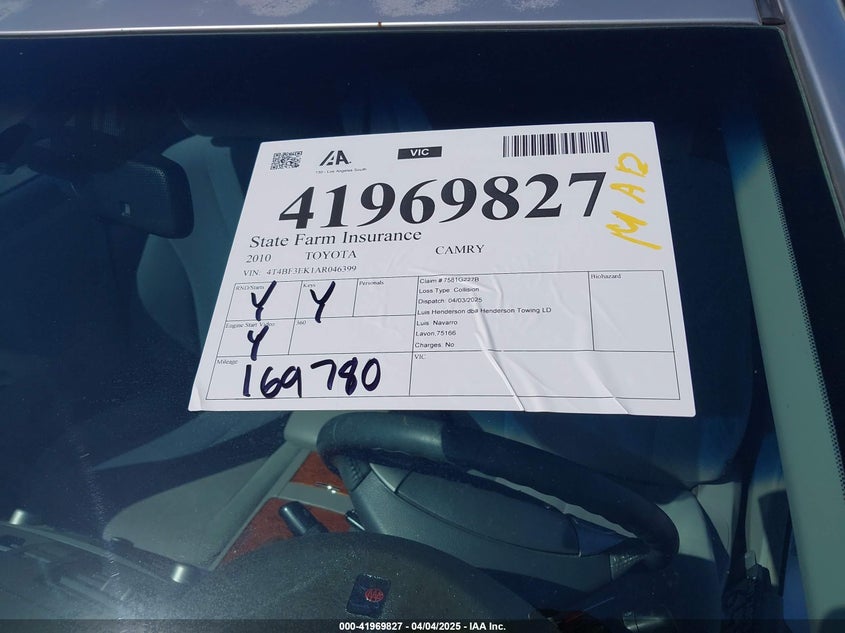 2010 TOYOTA CAMRY VIN: 4T4BF3EK1AR046399