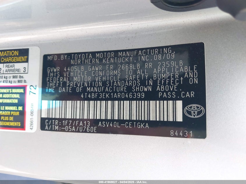 2010 TOYOTA CAMRY VIN: 4T4BF3EK1AR046399