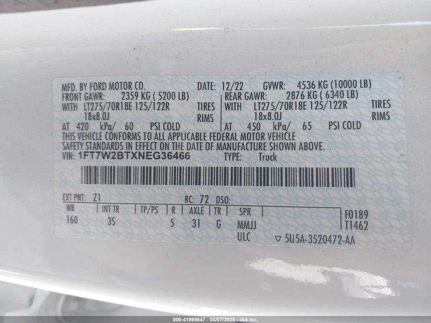 2022 FORD F250 VIN: 1FT7W2BTXNEG36466