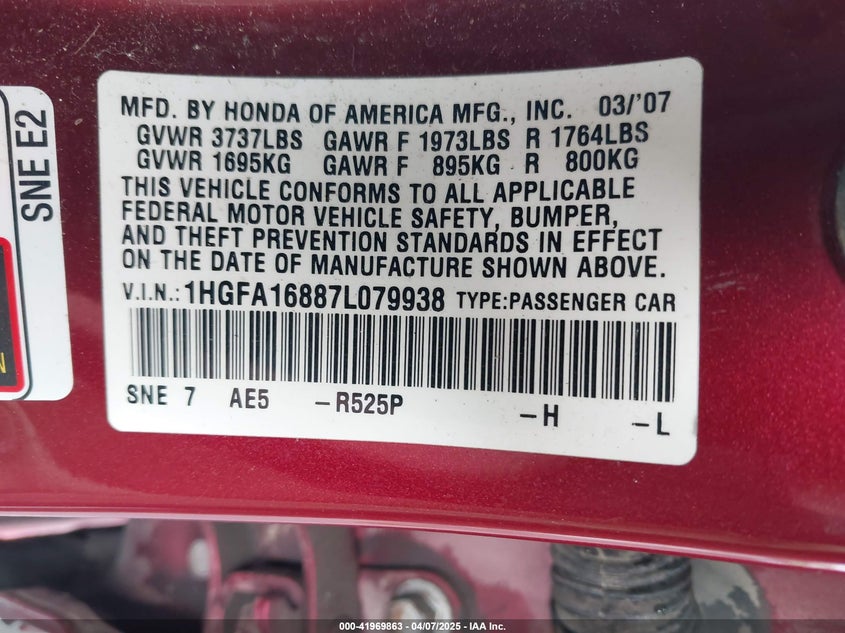 2007 HONDA CIVIC VIN: 1HGFA16887L079938