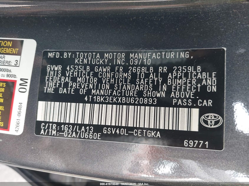2011 TOYOTA CAMRY VIN: 4T1BK3EKXBU620893