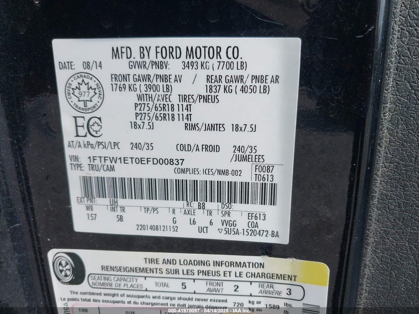 2014 FORD F150 VIN: 1FTFW1ET0EFD00837