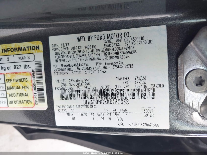 2019 FORD FUSION VIN: 3FA6P0HDXKR162353