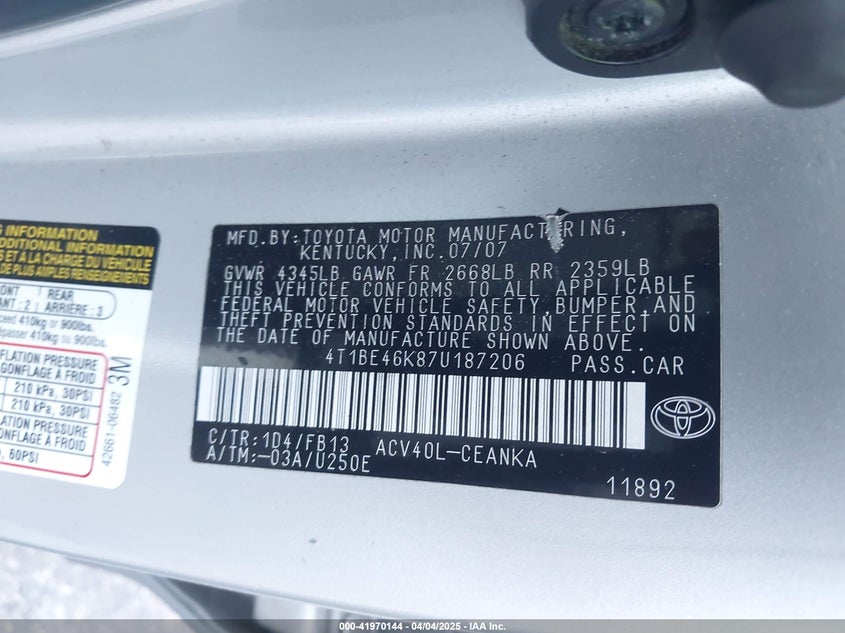 2007 TOYOTA CAMRY VIN: 4T1BE46K87U187206