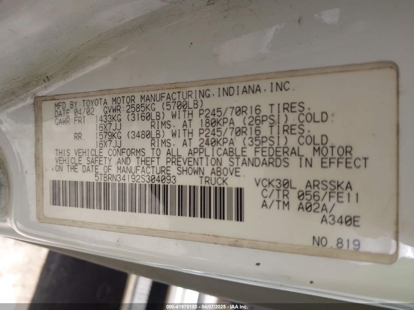 2002 Toyota Tundra Sr5 VIN: 5TBRN34192F304093 Lot: 41970150
