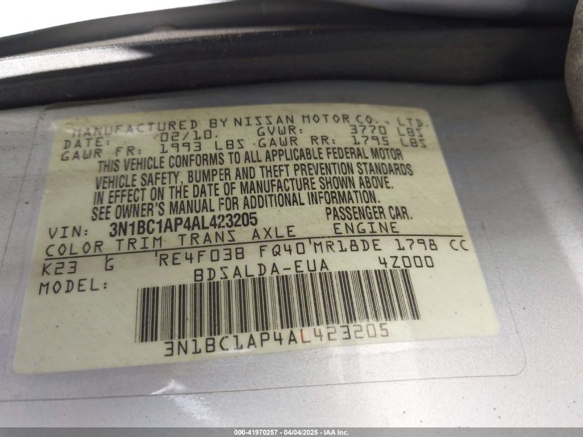 2010 Nissan Versa 1.8S VIN: 3N1BC1AP4AL423205 Lot: 41970257