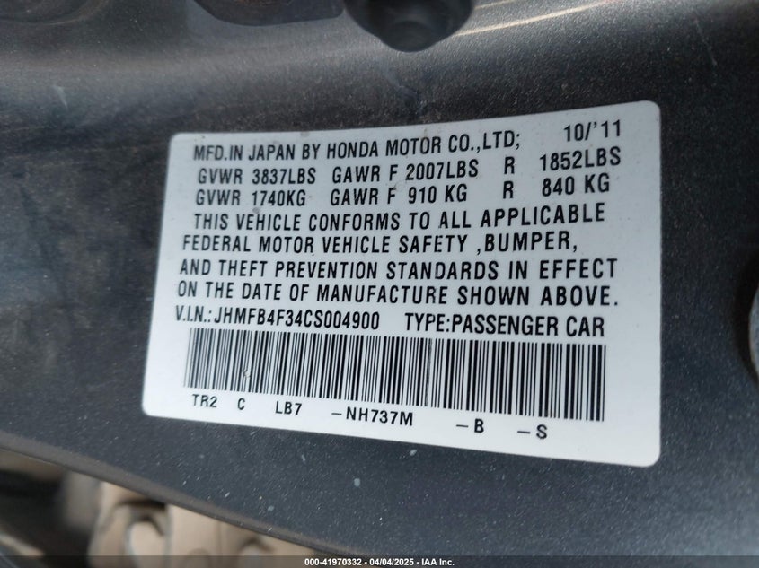 2012 HONDA CIVIC HYBRID VIN: JHMFB4F34CS004900