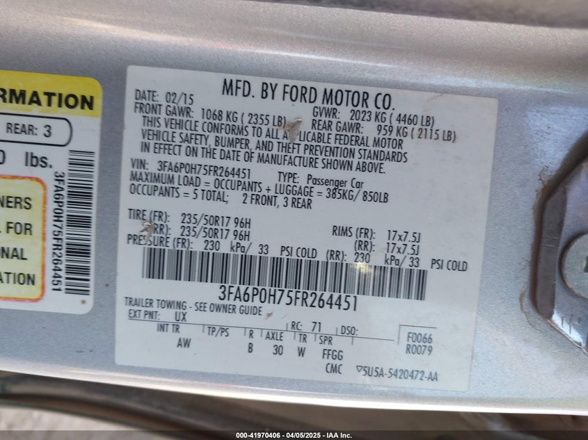 2015 FORD FUSION VIN: 3FA6P0H75FR264451