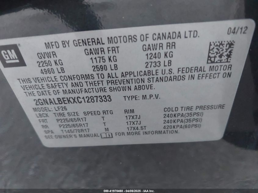 2012 Chevrolet Equinox Ls VIN: 2GNALBEKXC1287333 Lot: 41970468