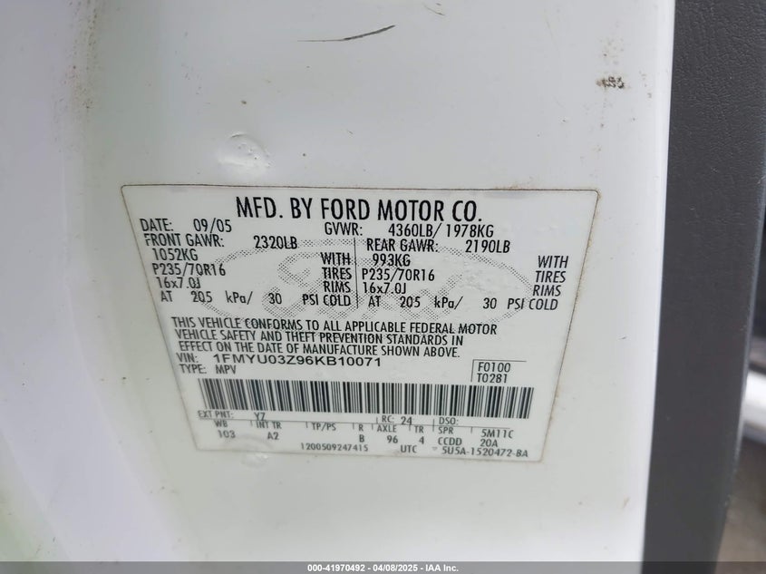 2006 FORD ESCAPE VIN: 1FMYU03Z96KB10071