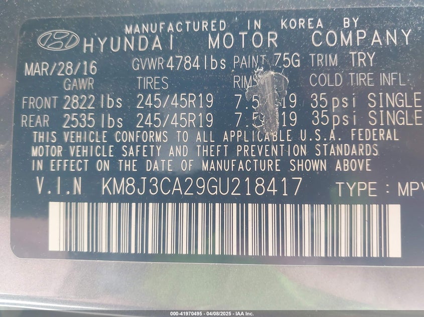 2016 HYUNDAI TUCSON VIN: KM8J3CA29GU218417