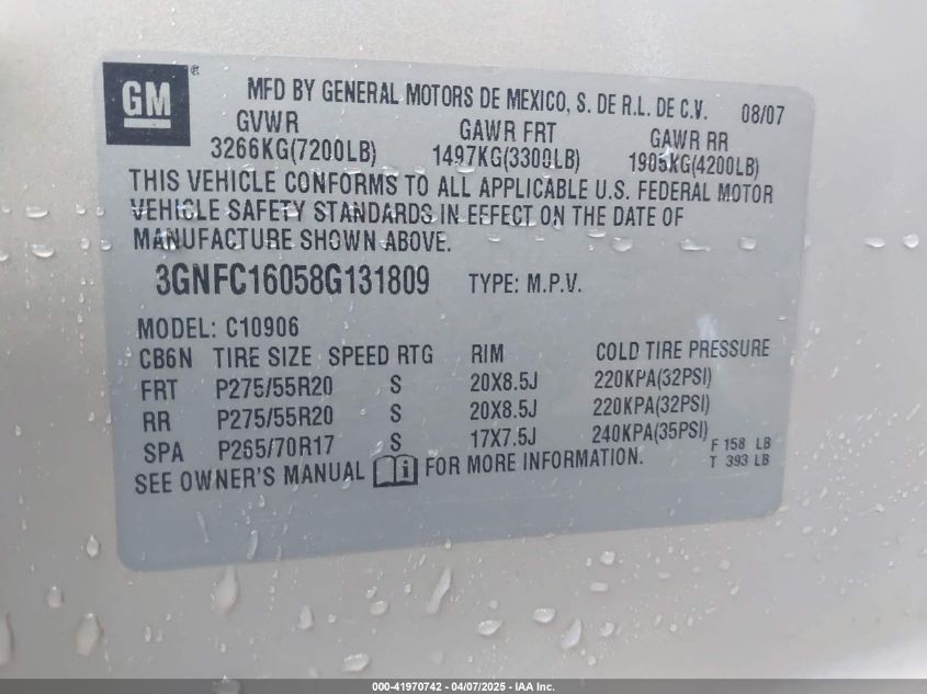 2008 Chevrolet Suburban 1500 Lt VIN: 3GNFC16058G131809 Lot: 41970742