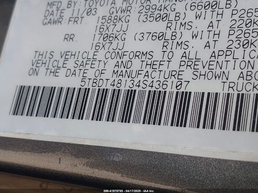 2004 Toyota Tundra Limited V8 VIN: 5TBDT48134S436107 Lot: 41970785