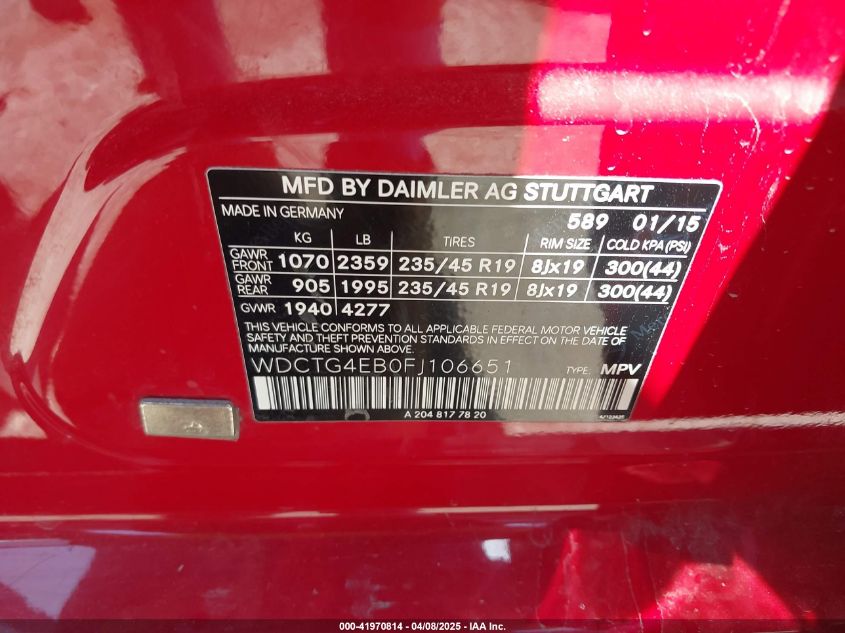 2015 Mercedes-Benz Gla 250 VIN: WDCTG4EB0FJ106651 Lot: 41970814