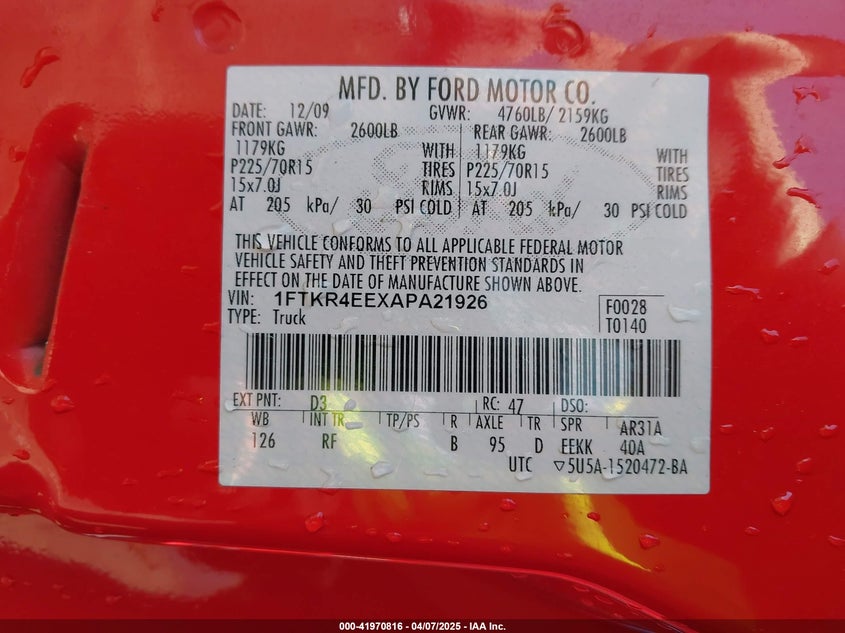 2010 FORD RANGER VIN: 1FTKR4EEXAPA21926