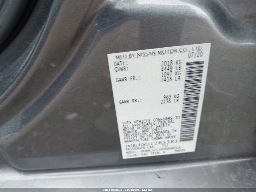 VIN 1N4BL4CW1LC265381 2020 NISSAN ALTIMA SR INTELLIGENT AWD