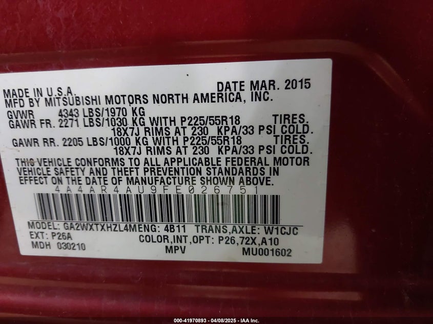 2015 MITSUBISHI OUTLANDER SPORT SE - 4A4AR4AU9FE026751