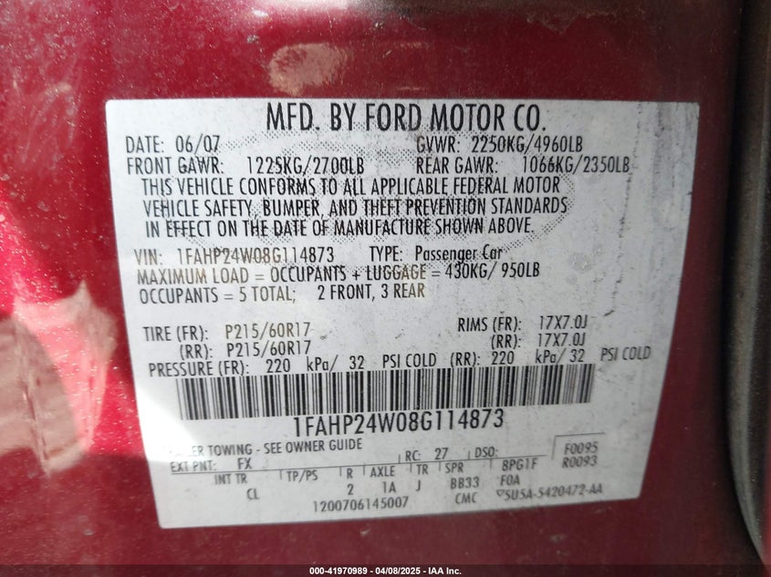 2008 FORD TAURUS VIN: 1FAHP24W08G114873