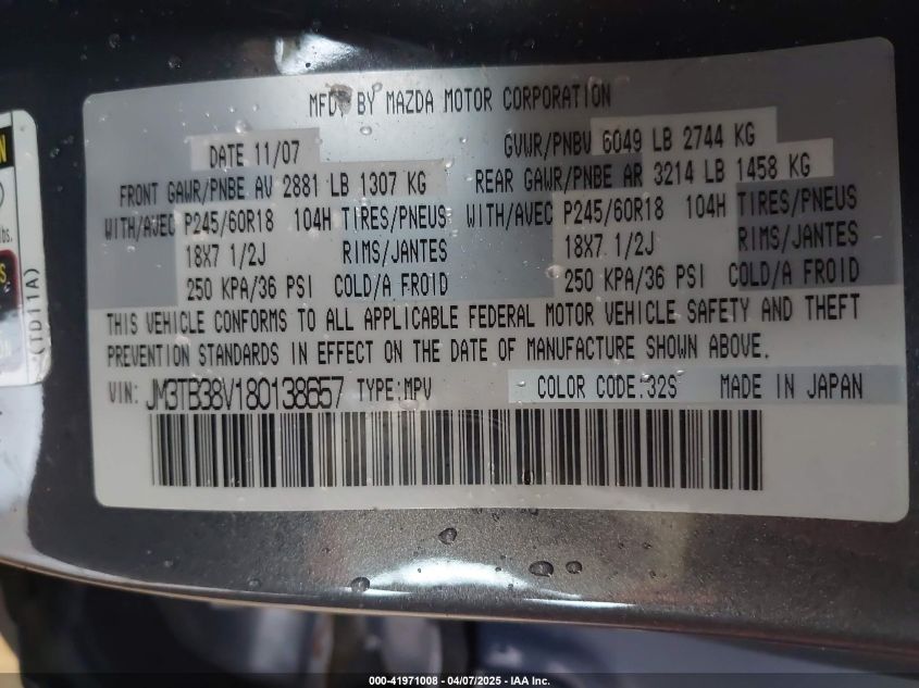 2008 Mazda Cx-9 Touring VIN: JM3TB38V180138657 Lot: 41971008