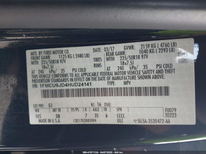 2017 Ford Escape Titanium VIN: 1FMCU9JD4HUD24141 Lot: 41971124