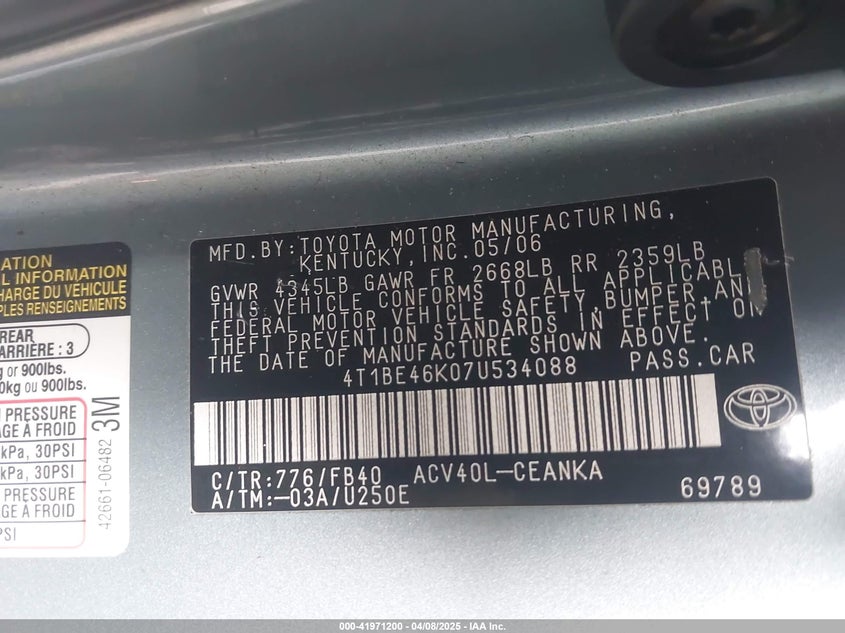 2007 TOYOTA CAMRY VIN: 4T1BE46K07U534088