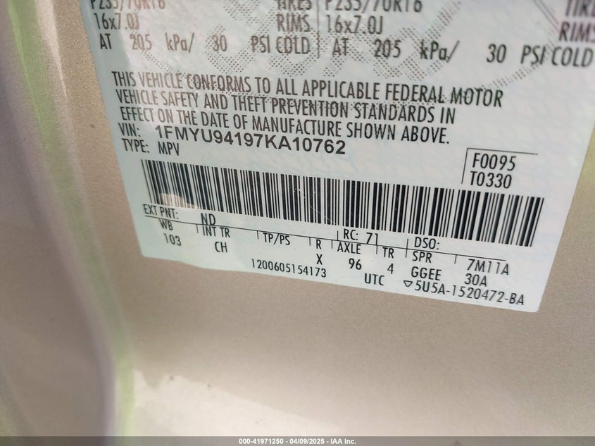 2007 FORD ESCAPE VIN: 1FMYU94197KA10762
