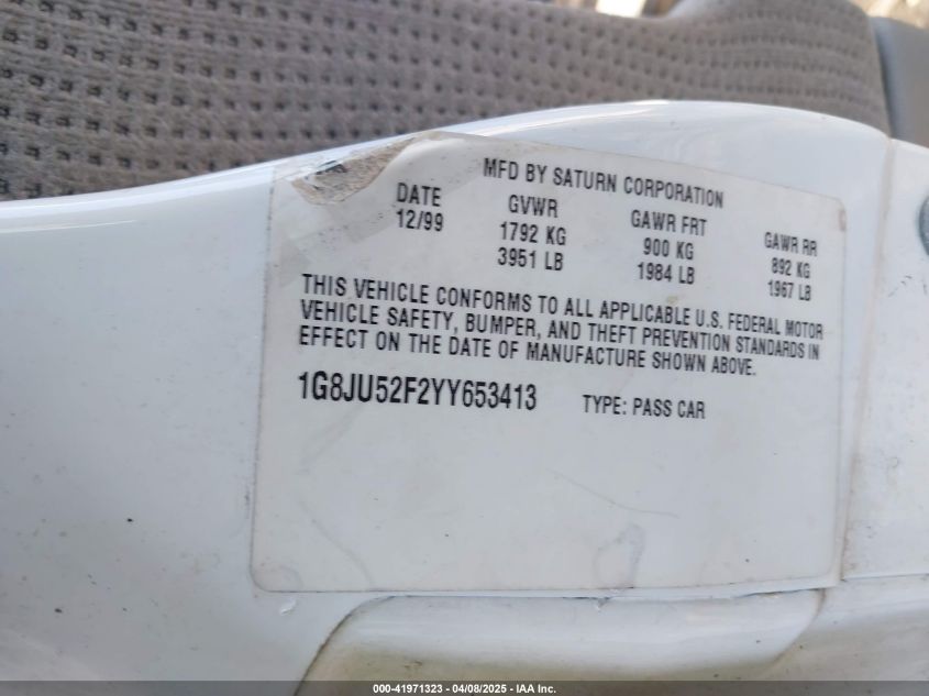 2000 Saturn Ls1 VIN: 1G8JU52F2YY653413 Lot: 41971323