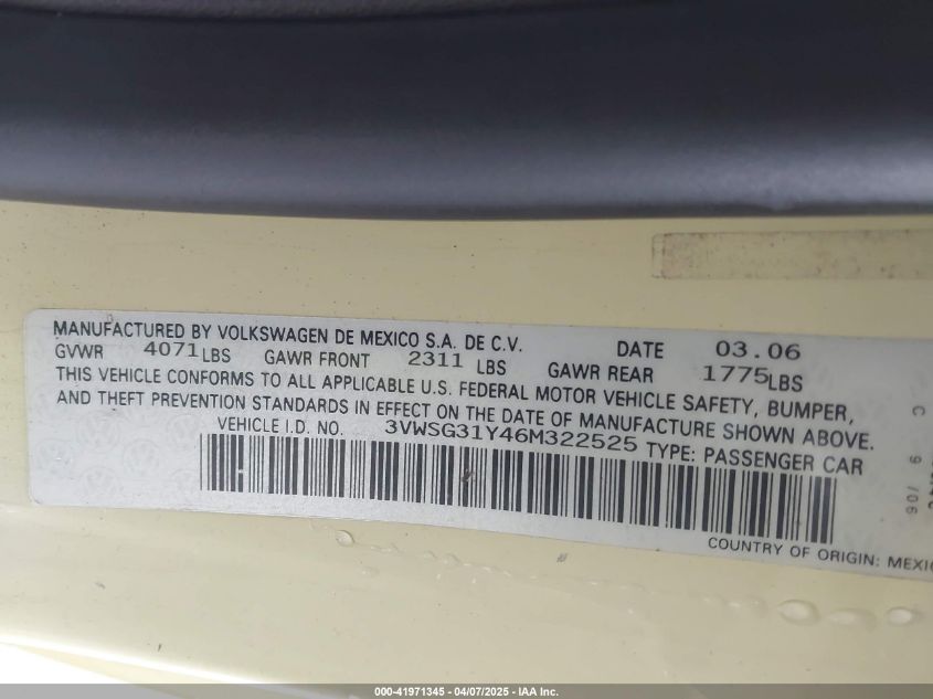 2006 Volkswagen New Beetle 2.5 VIN: 3VWSG31Y46M322525 Lot: 41971345