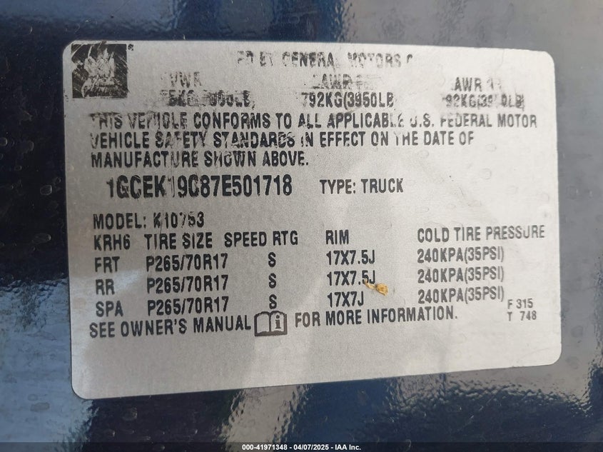 2007 CHEVROLET SILVERADO 1500 VIN: 1GCEK19C87E501718