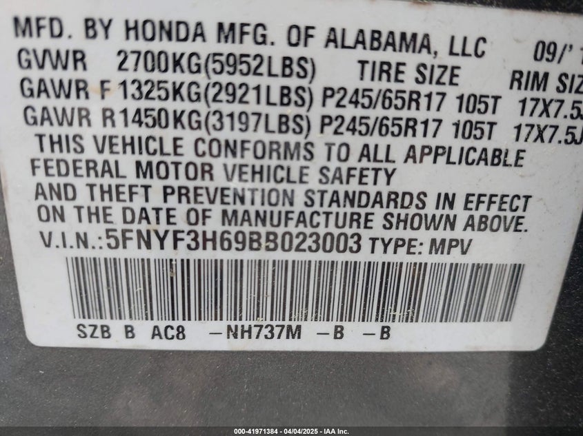 2011 HONDA PILOT VIN: 5FNYF3H69BB023003