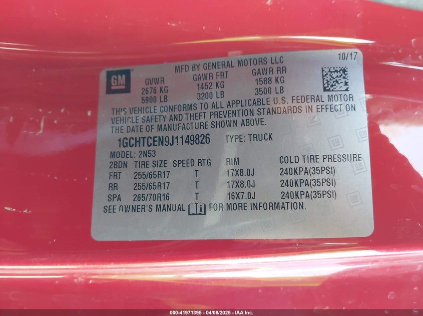 2018 CHEVROLET COLORADO VIN: 1GCHTCEN9J1149826
