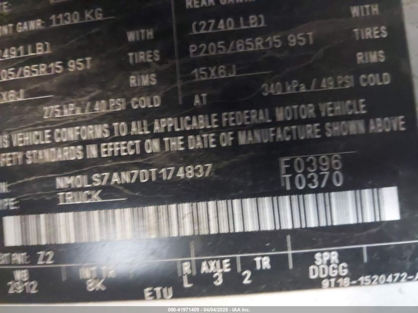 2013 Ford Transit Connect Xl VIN: NM0LS7AN7DT174837 Lot: 41971409