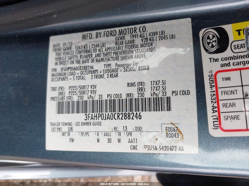 2012 FORD FUSION VIN: 3FAHP0JA0CR288246