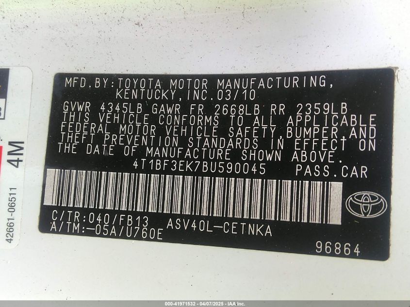 2011 Toyota Camry Le VIN: 4T1BF3EK7BU590045 Lot: 41971532