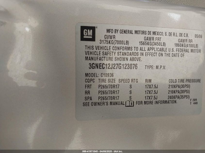 2007 Chevrolet Avalanche 1500 Lt VIN: 3GNEC12J27G123076 Lot: 41971545