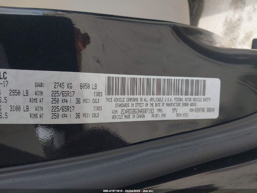 2017 Dodge Grand Caravan Se VIN: 2C4RDGBG3HR687183 Lot: 41971615