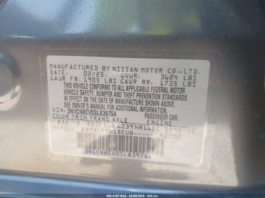 2025 NISSAN VERSA VIN: 3N1CN8EV0SL839754