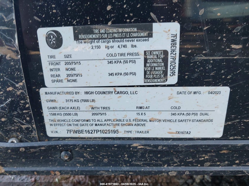 2023 TRAILER HIGH COUNTRY CARGO(VIN: 7FWBE1627P1025195