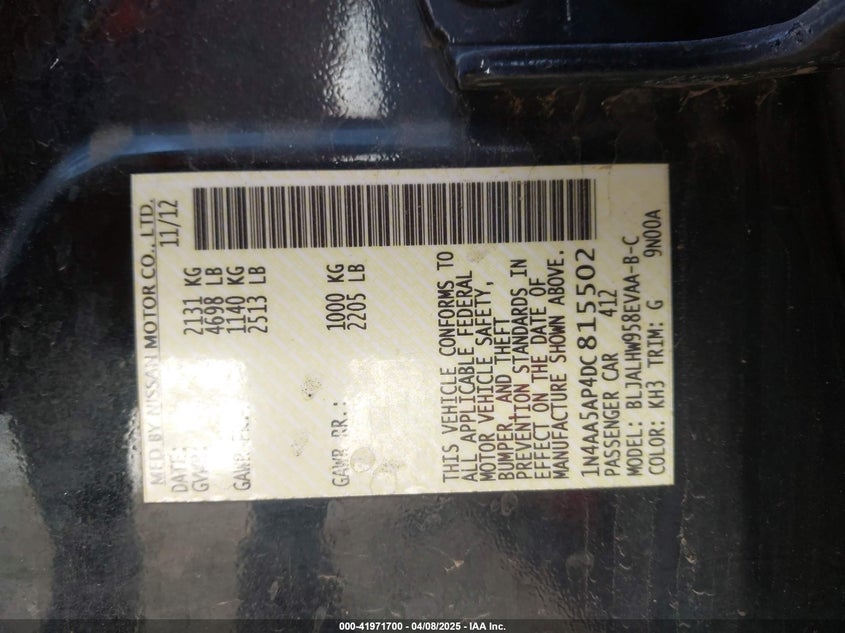 2013 NISSAN MAXIMA VIN: 1N4AA5AP4DC815502
