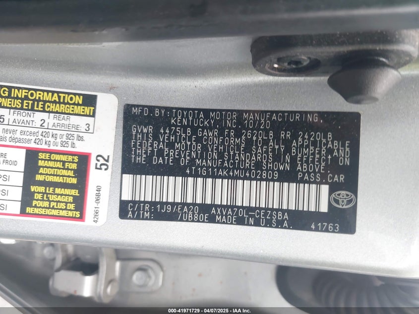 2021 TOYOTA CAMRY VIN: 4T1G11AK4MU402809