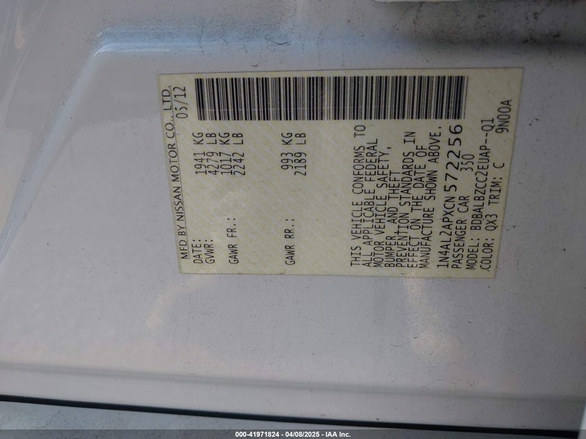 2012 NISSAN ALTIMA VIN: 1N4AL2APXCN572256