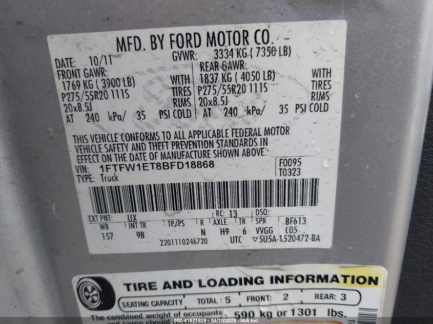 2011 FORD F-150 VIN: 1FTFW1ET8BFD18868