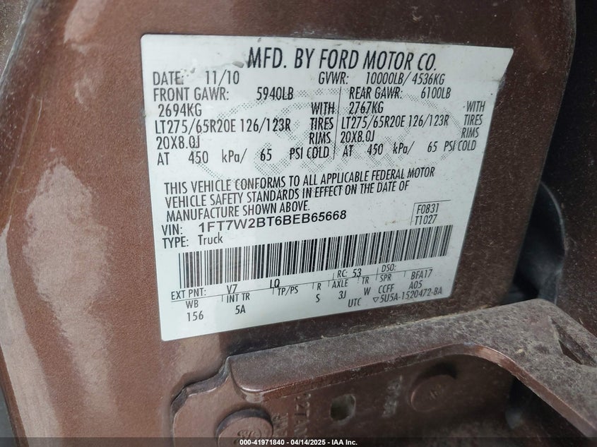 2011 FORD F-250 VIN: 1FT7W2BT6BEB65668